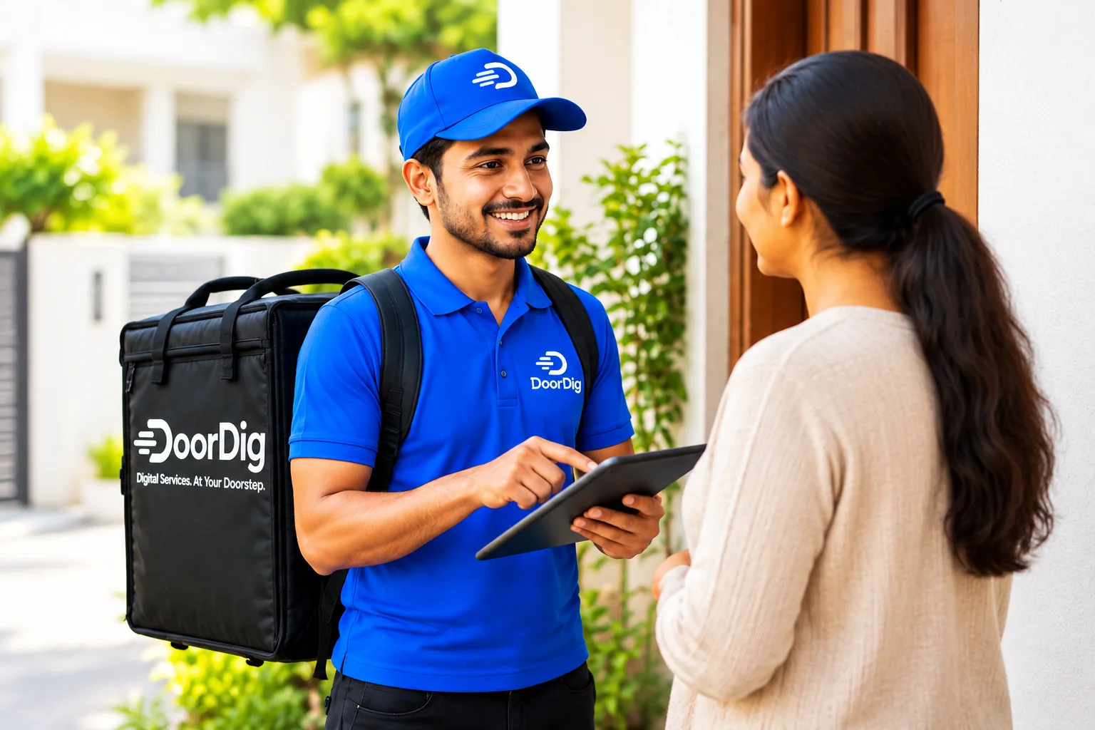 Illustration of a DoorDig executive assisting a customer at her doorstep using a tablet